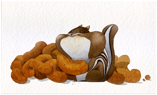 A content chipmunk sits surrounded by a large pile of peanuts, its cheeks full and eyes closed in satisfaction. The scene conveys indulgence and joy.