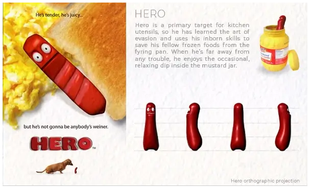 A cartoon hot dog named Hero lies on scrambled eggs and a bun, with eyes wide open. Text highlights his skills in evasion. A mustard jar appears, and four side views of Hero showcase his quirky character. Tone: humorous and lighthearted.