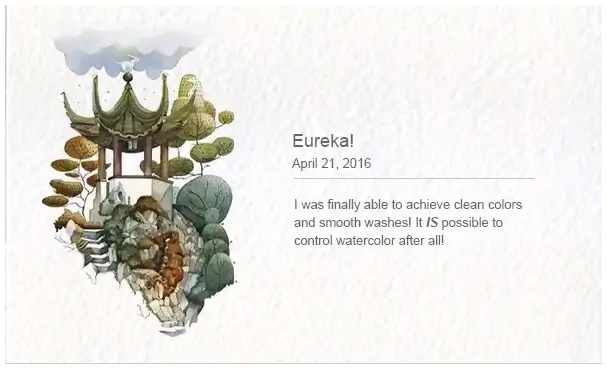 Two watercolor illustrations of traditional Asian pavilions, surrounded by greenery. The left features earthy tones; the right has stylized, abstract trees.