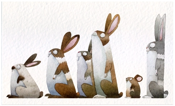Illustration of six rabbits in a line, increasing in size from left to right. They have shades of brown and gray, sitting upright with a curious expression.