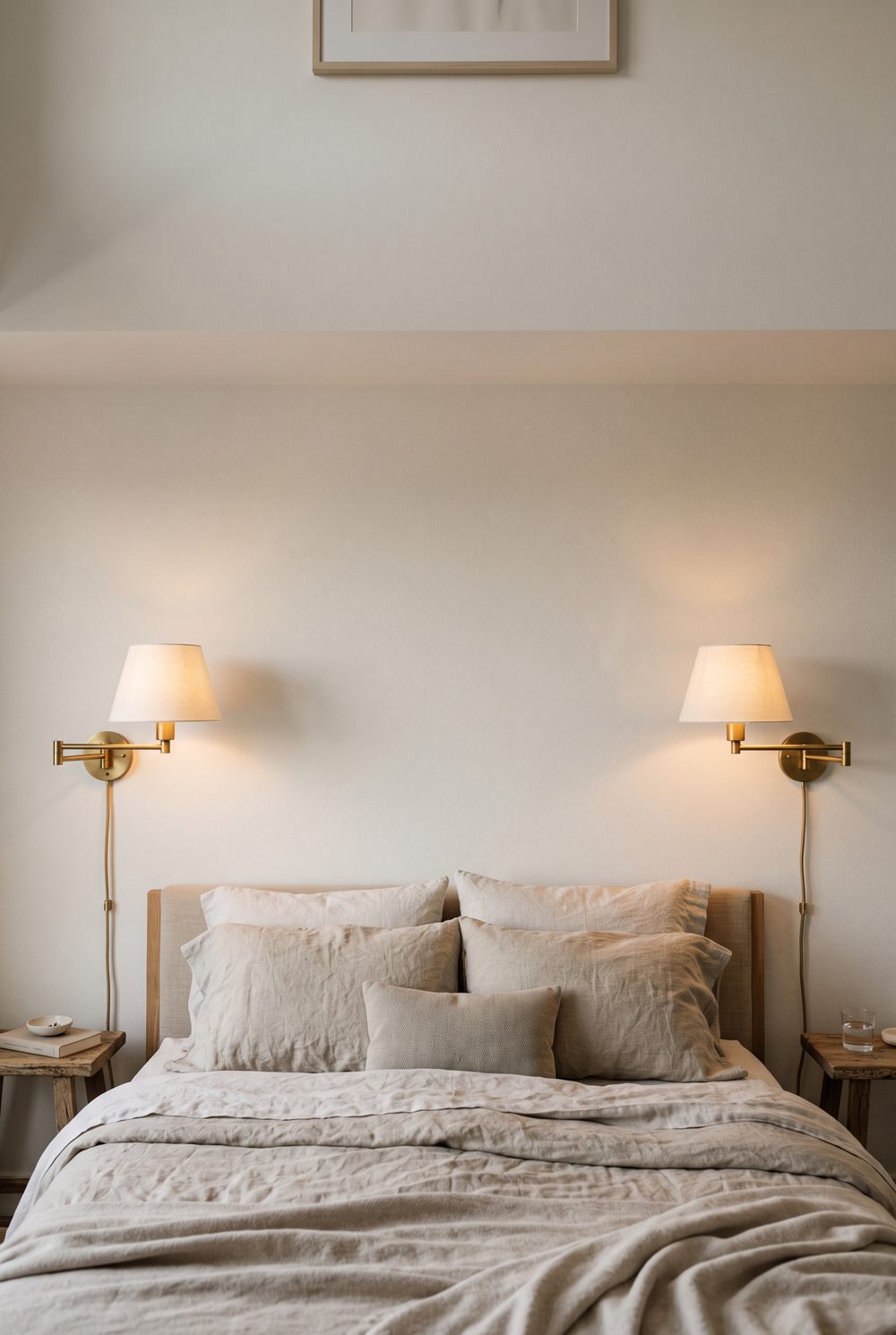 Plug-in wall sconces beside a bed