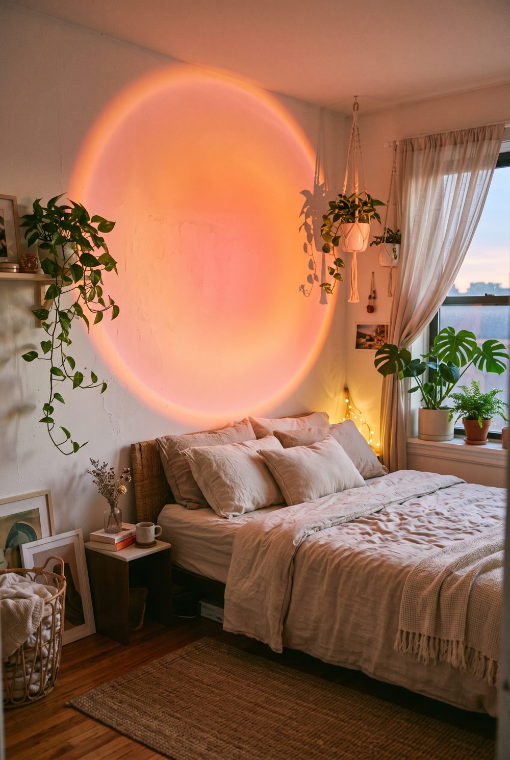 Sunset lamp glow on a bedroom wall