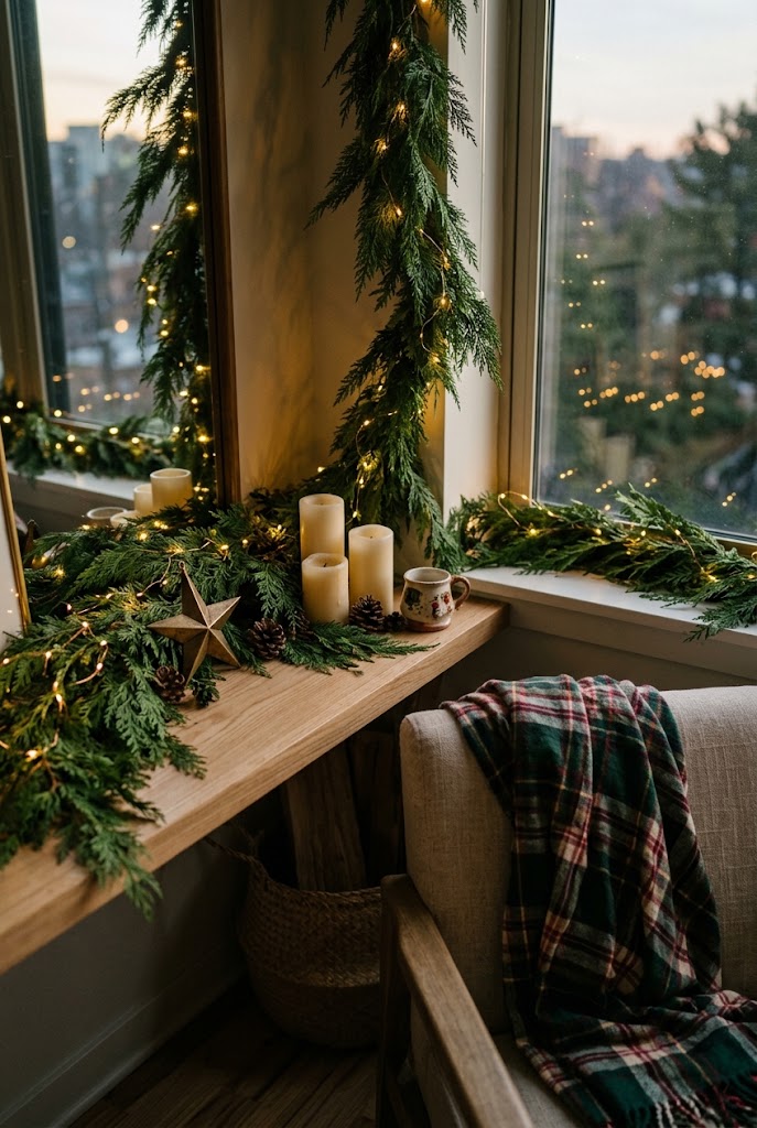 Faux cedar garland with warm fairy lights on a window ledge for a cozy Christmas