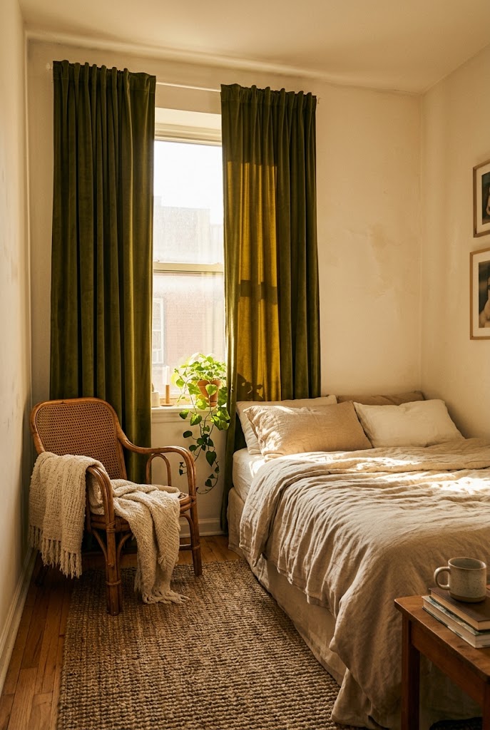 Floor length olive green velvet curtains in a cozy small bedroom