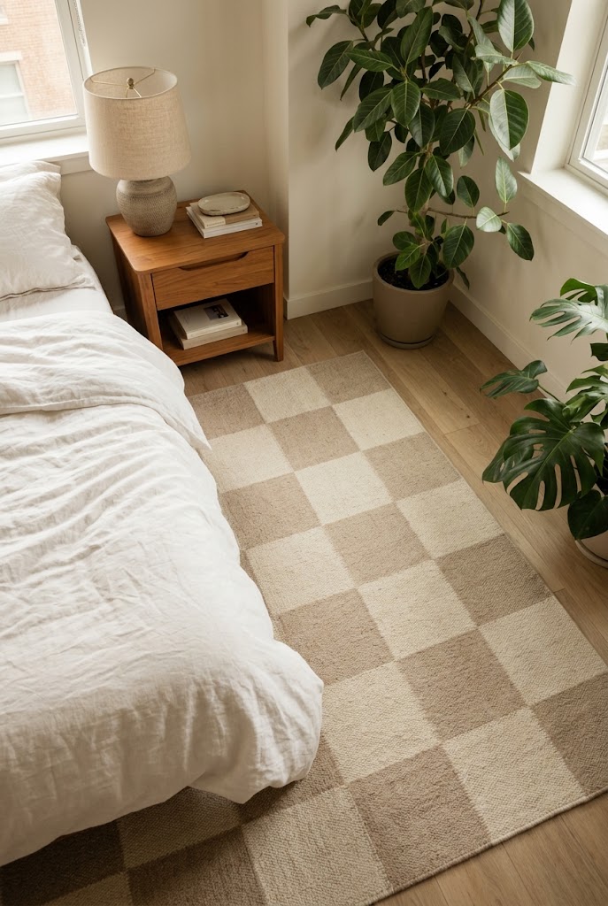 Beige and cream checkered area rug beside a bed in a cozy small bedroom