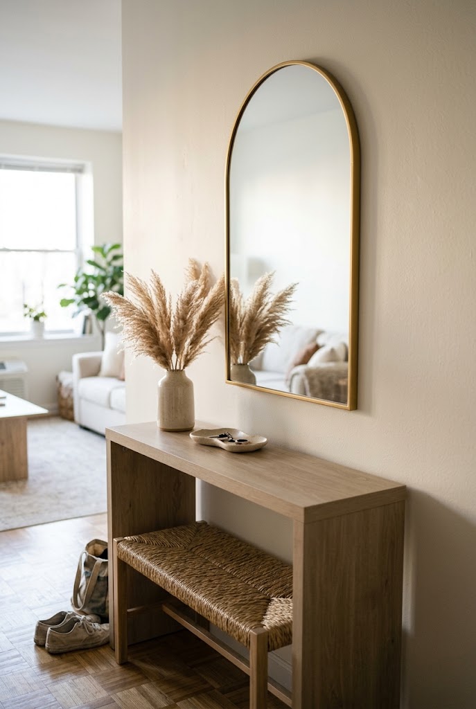 Arched gold framed wall mirror above a slim console table in a small entryway