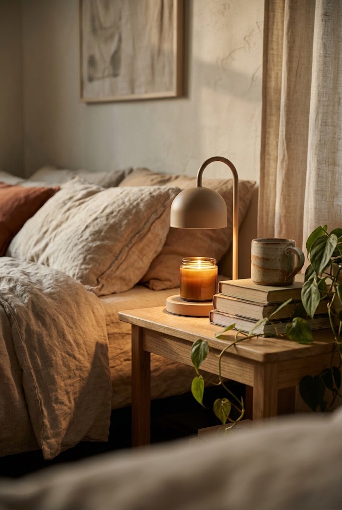 Candle warmer lamp glowing over a jar candle on a cozy bedside table