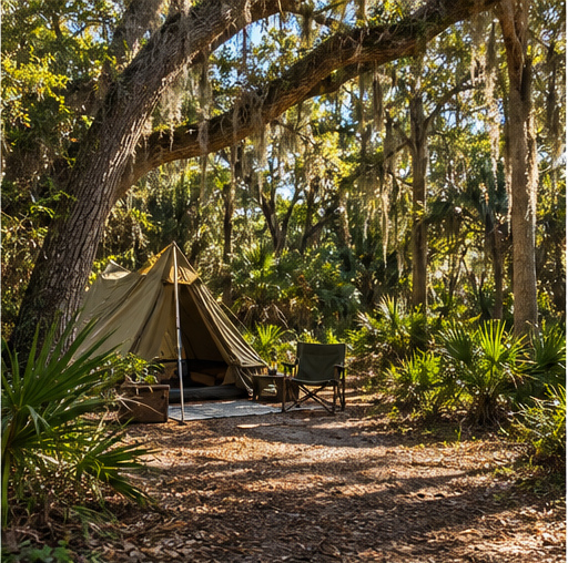Canvas tent beneath moss-draped trees