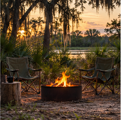 Two chairs around a campfire near a lake at sunset