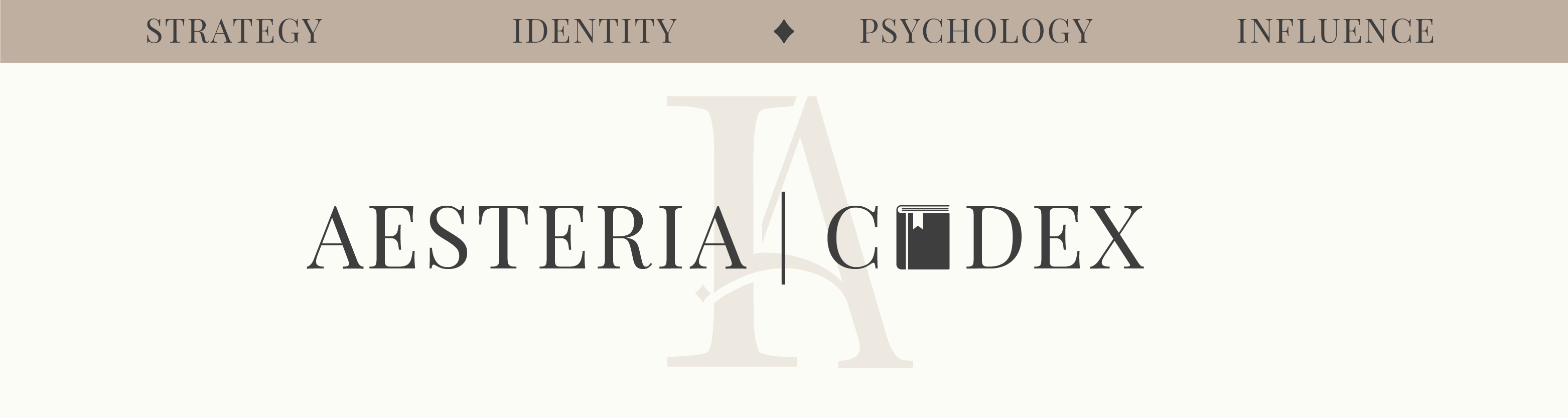 Aesteria Codex blog header featuring personal branding, strategy, identity, psychology, and influence