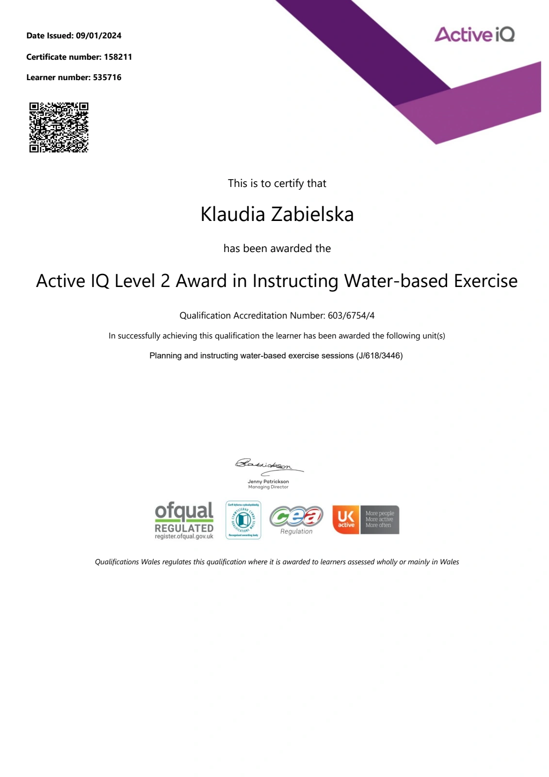 Podgląd certyfikatu Active IQ Level 2 Award in Instructing Water-based Exercise