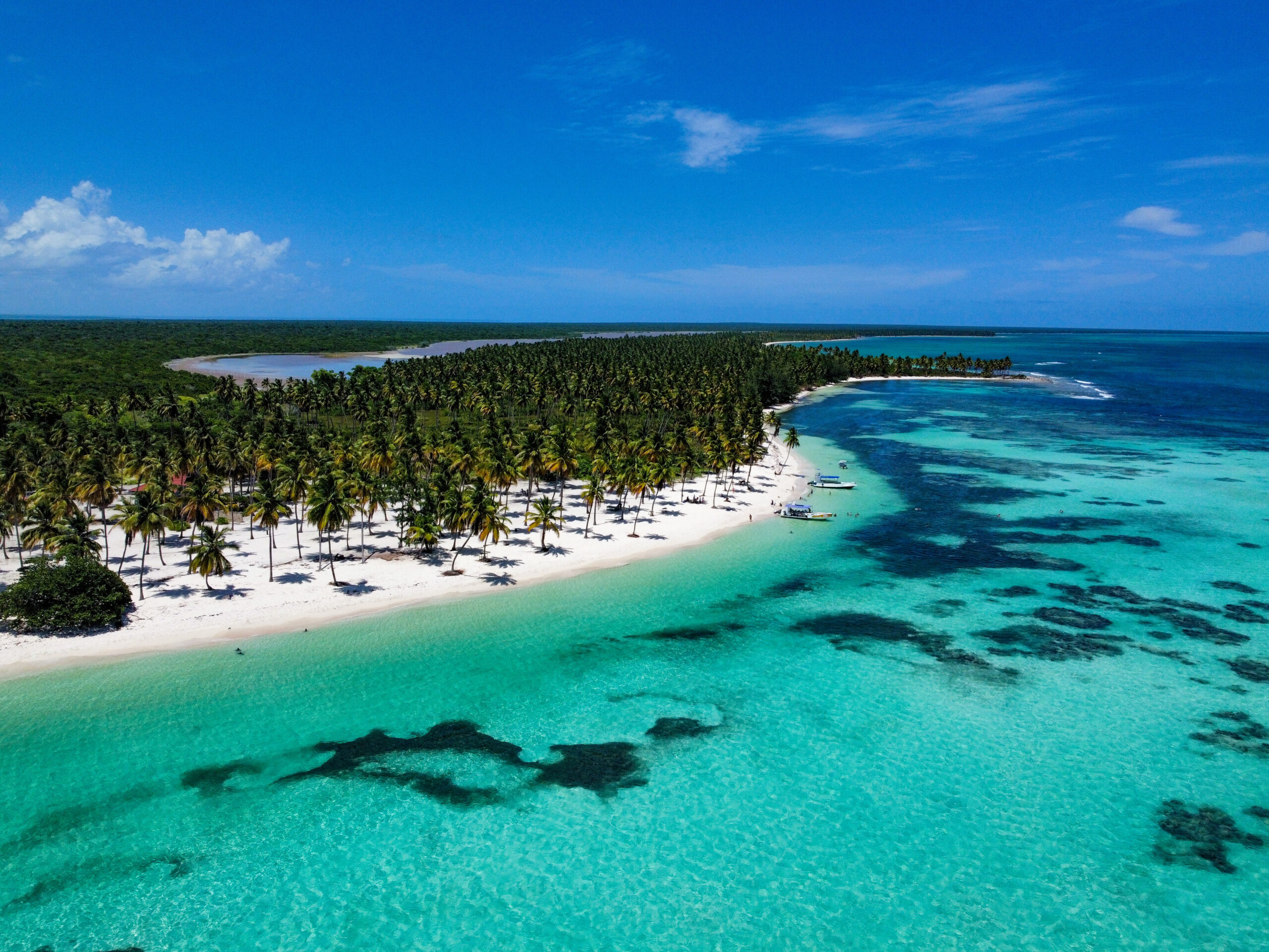 Aerial view of Saona Island turquoise water and tropical beach