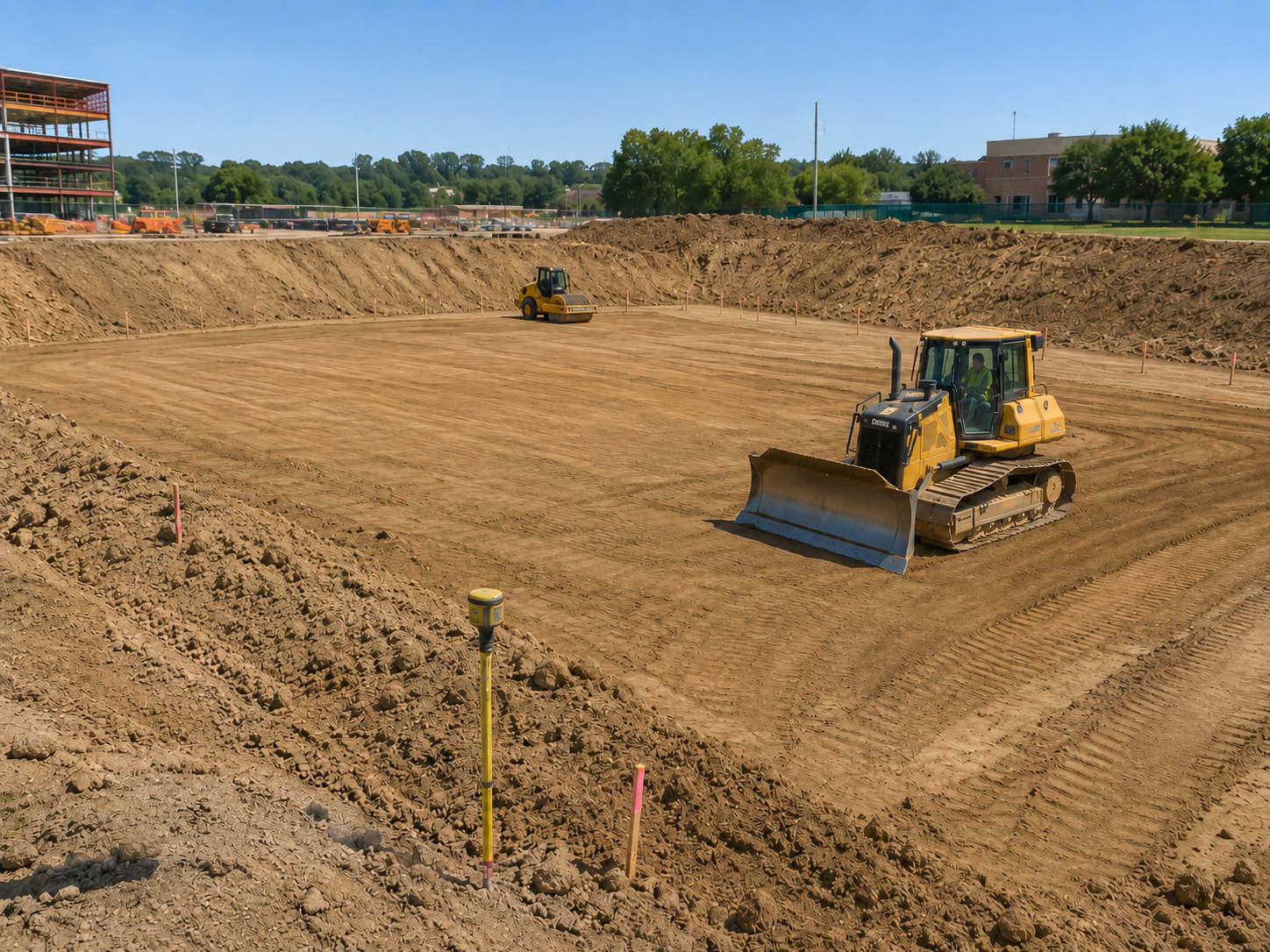 Grading equipment shaping dirt on a commercial construction site