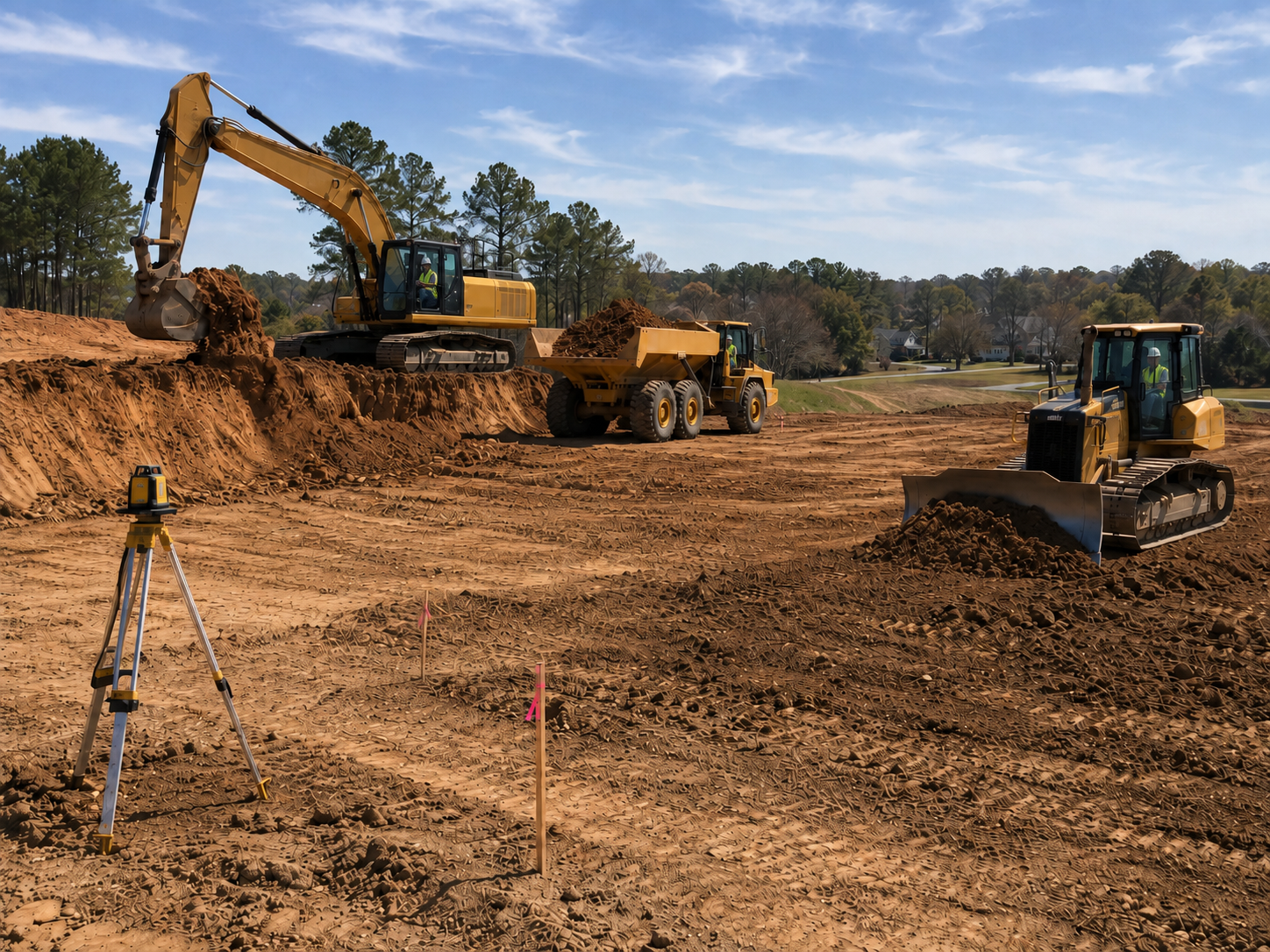 Excavator performing cut and fill earthwork on a commercial site