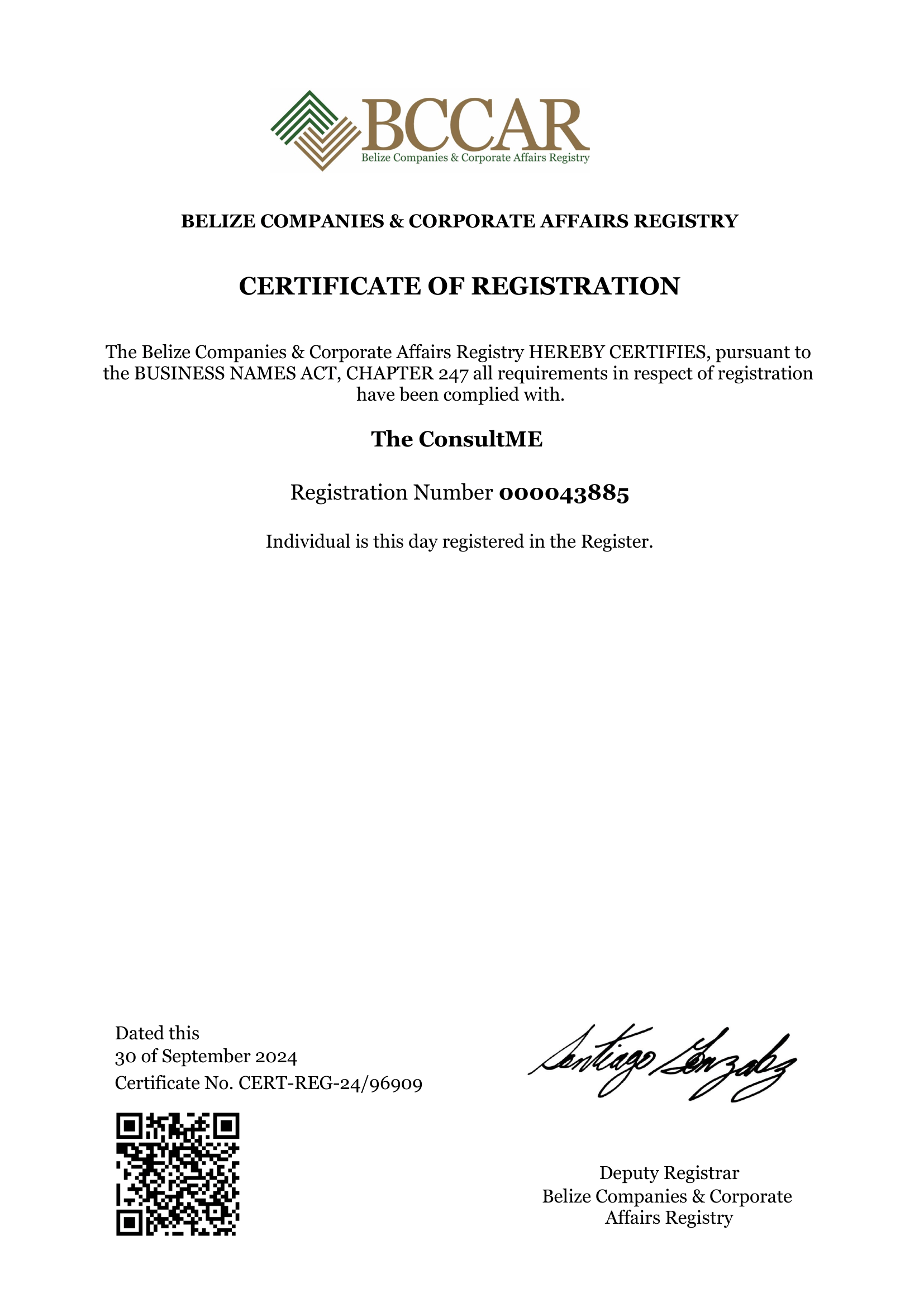 Certificate of Registration BCCAR