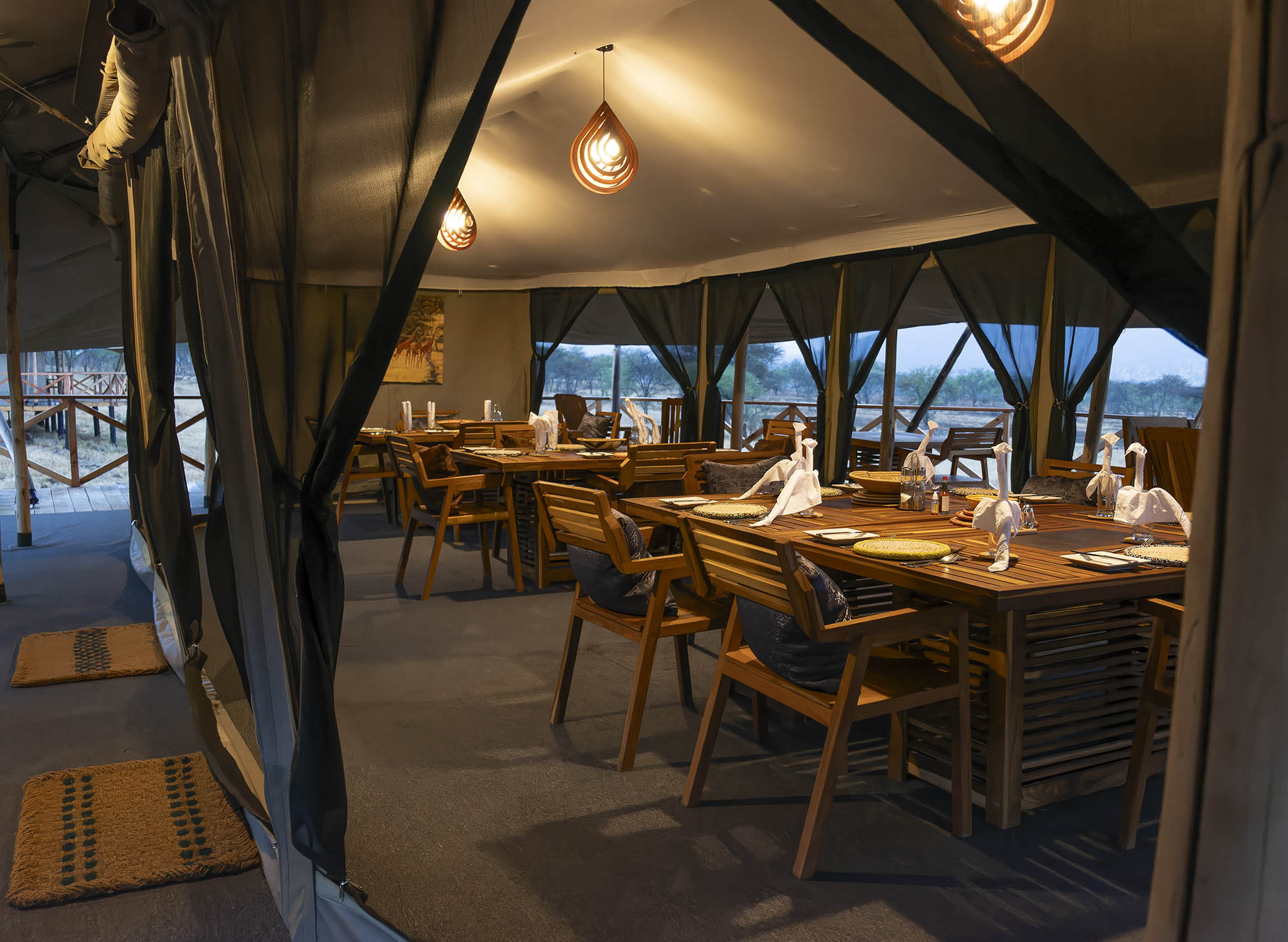 Illustrative outdoor safari dining scene