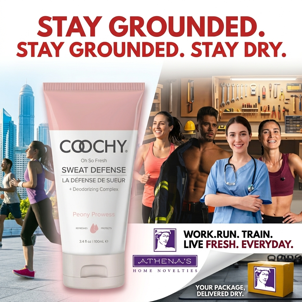 Athena’s Coochy Sweat Defense lotion featured as a summer wellness product designed to help manage moisture and keep skin feeling fresh and comfortable