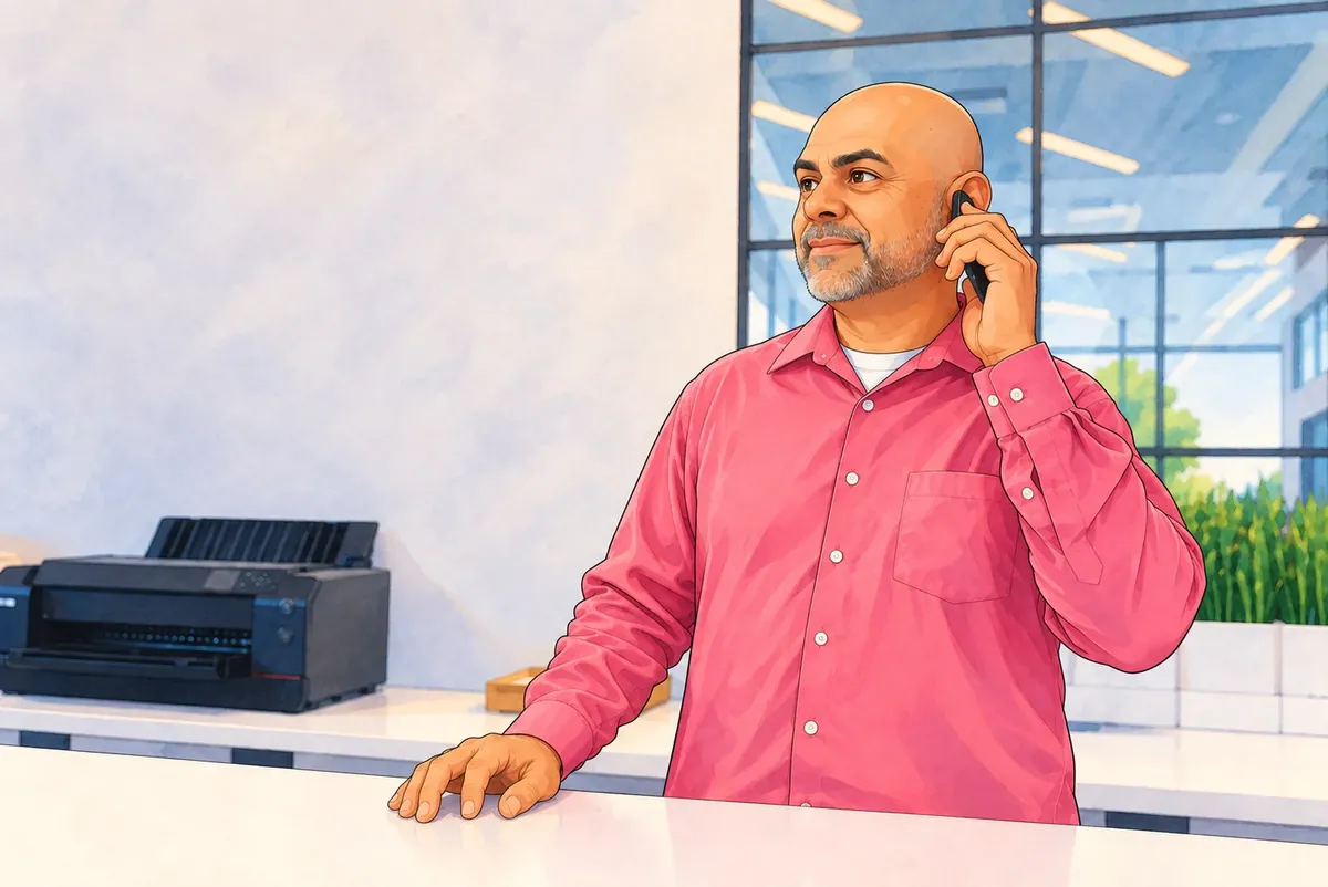 Illustration of George from Amped Up VA's on a client call