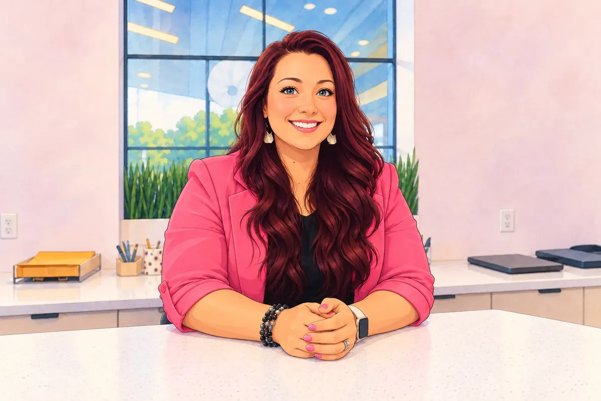Illustration of Kasi from Amped Up VA's smiling at her desk