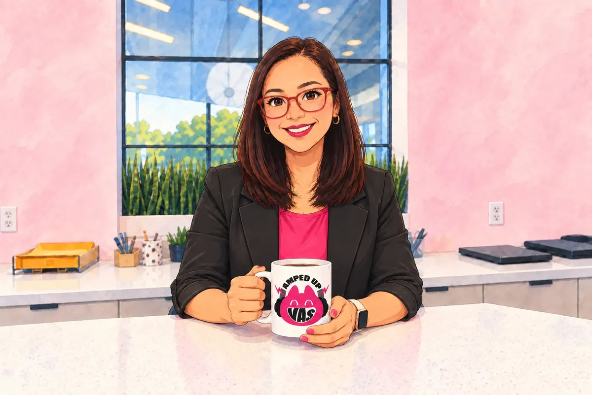 Illustration of Kris holding an Amped Up VA's mug
