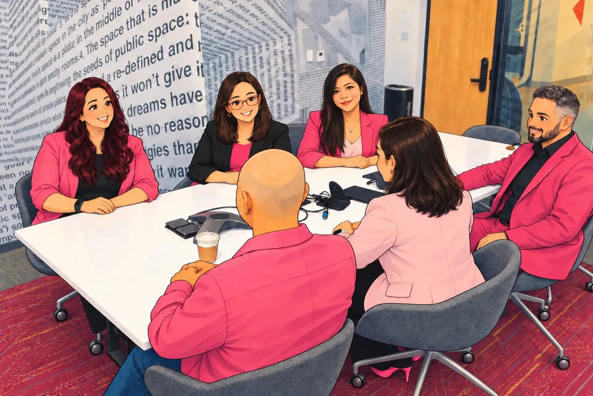Illustration of the Amped Up VA's team meeting around a conference table