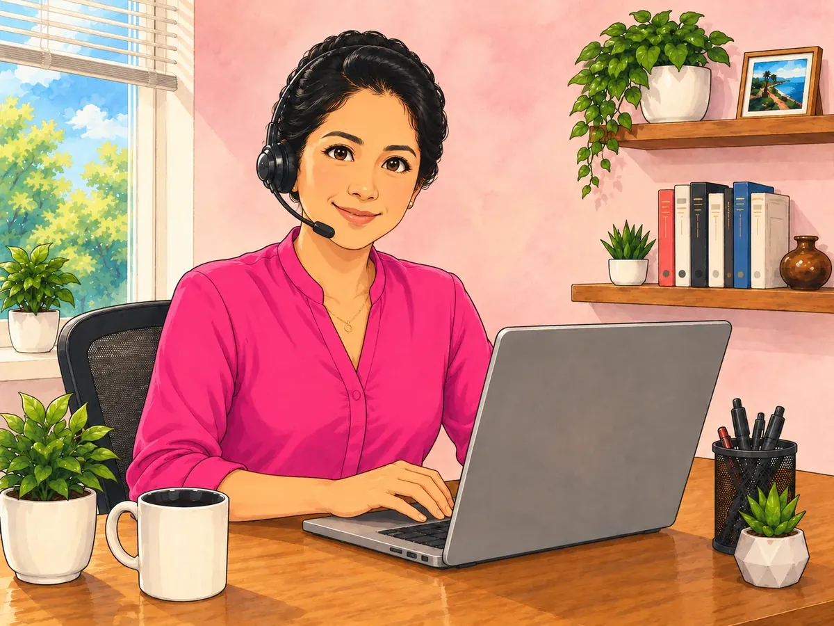 Illustration of a virtual assistant with a headset working on a laptop