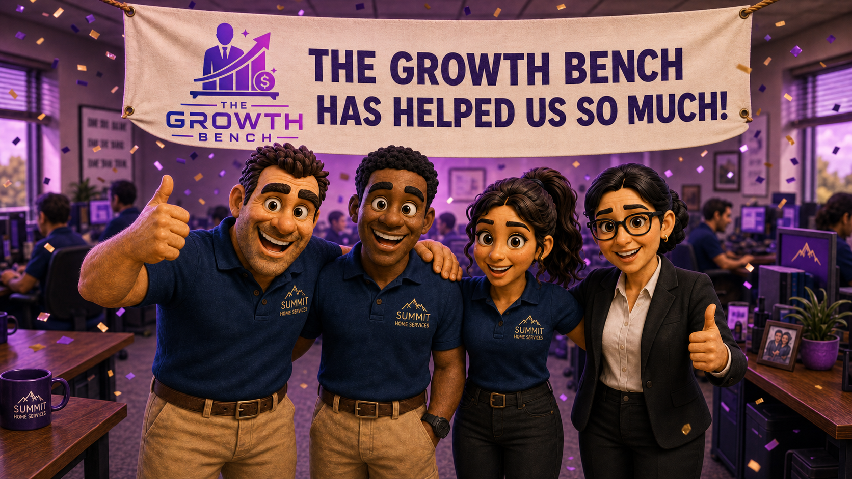 Team celebrating with a banner reading The Growth Bench Has Helped Us So Much