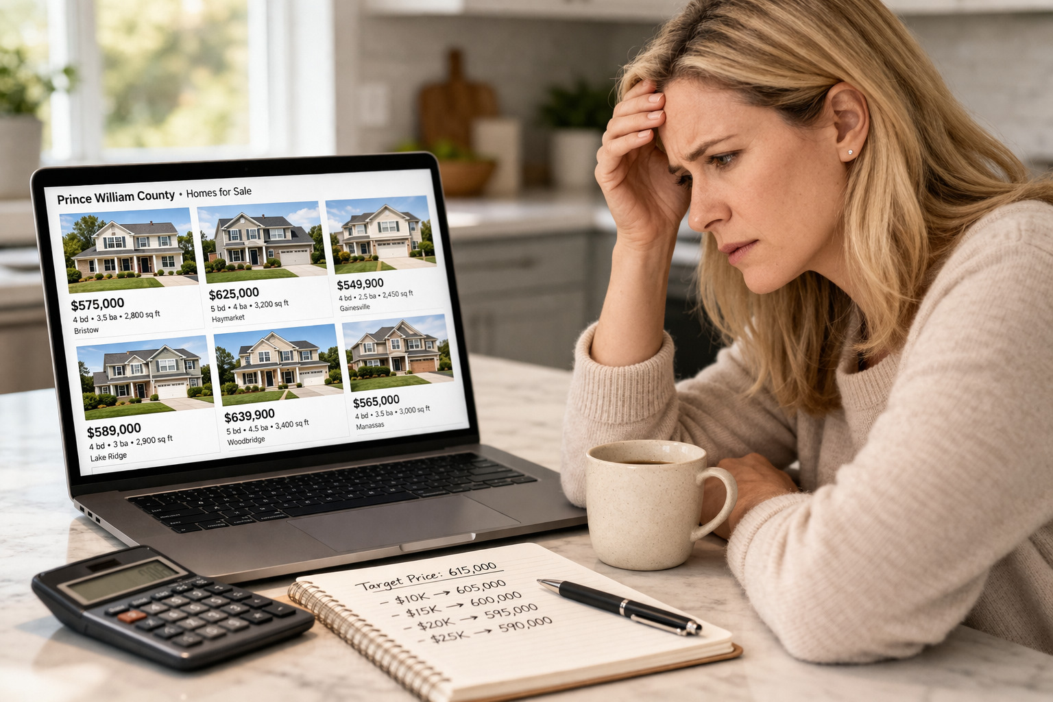 Homeowner reviewing home pricing strategy and comparing listings on laptop in Prince William County real estate market Homeowner reviewing home pricing strategy and comparing listings on laptop in Prince William County real estate market