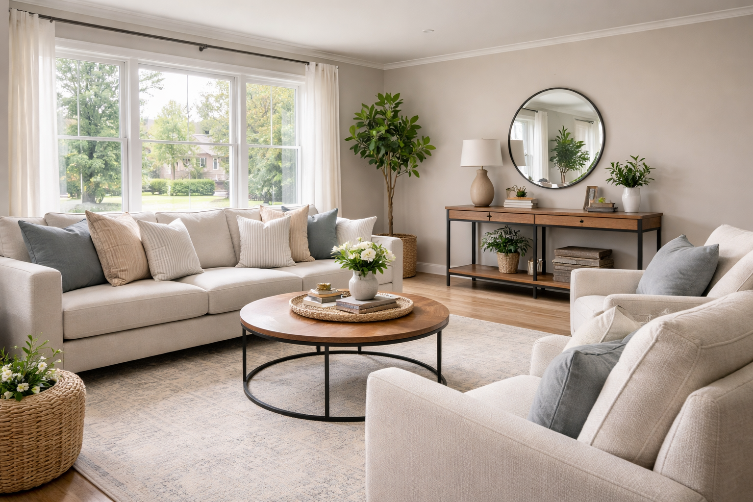 Professionally staged living room in Northern Virginia home designed to attract buyers with modern decor and natural lighting Professionally staged living room in Northern Virginia home designed to attract buyers with modern decor and natural lighting