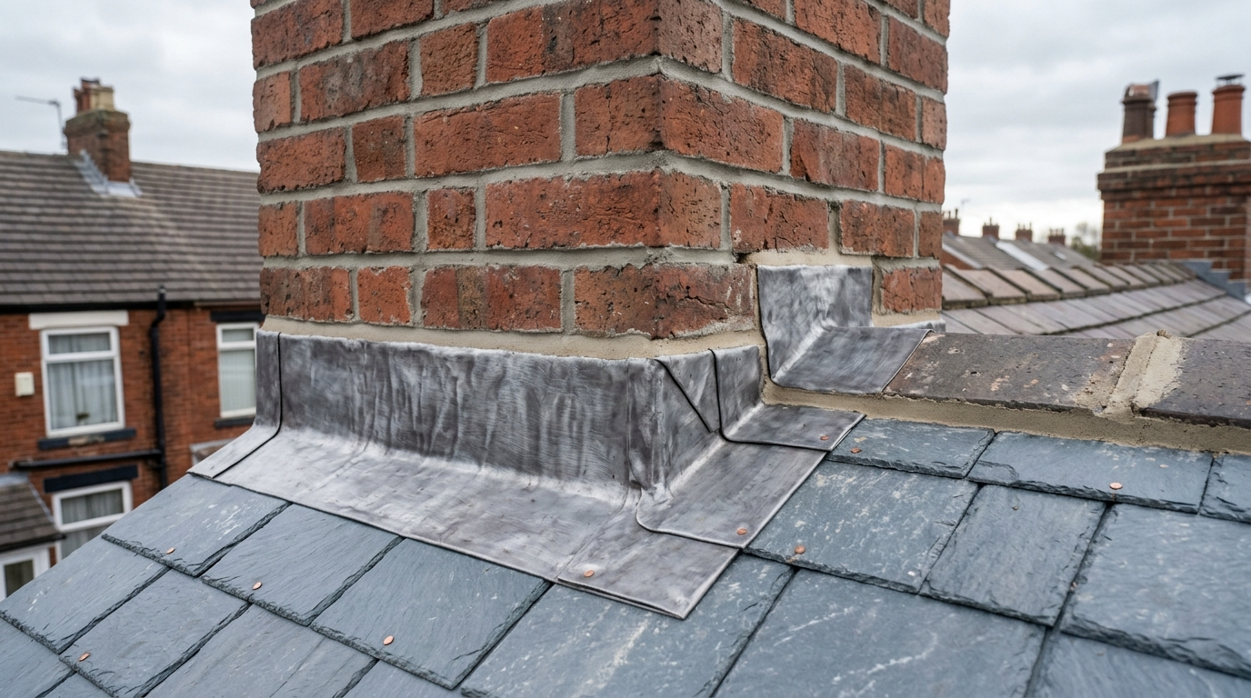 Close-up of failed black bitumen sealant on a chimney stack showing cracking and water damage