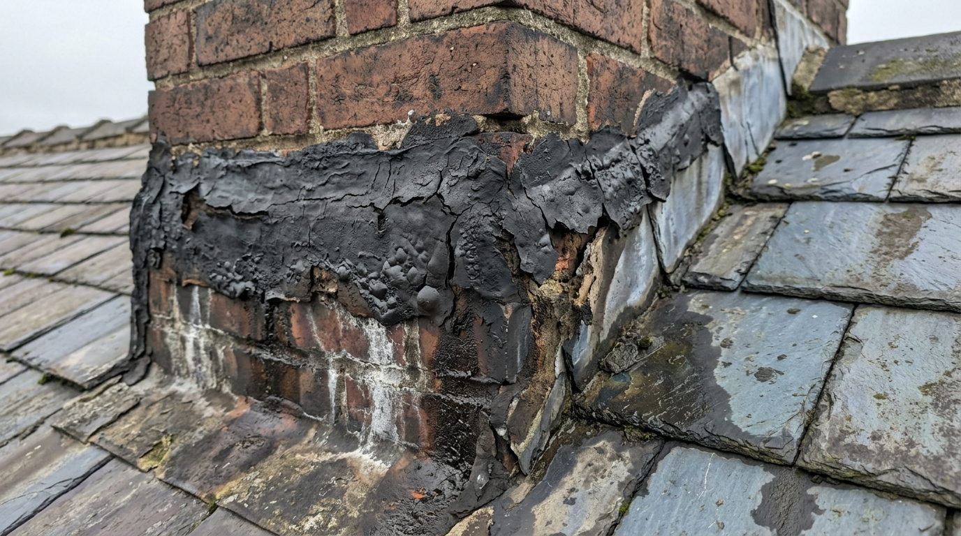 Professionally installed grey lead flashing dressed around a chimney stack on a Lancashire slate roof