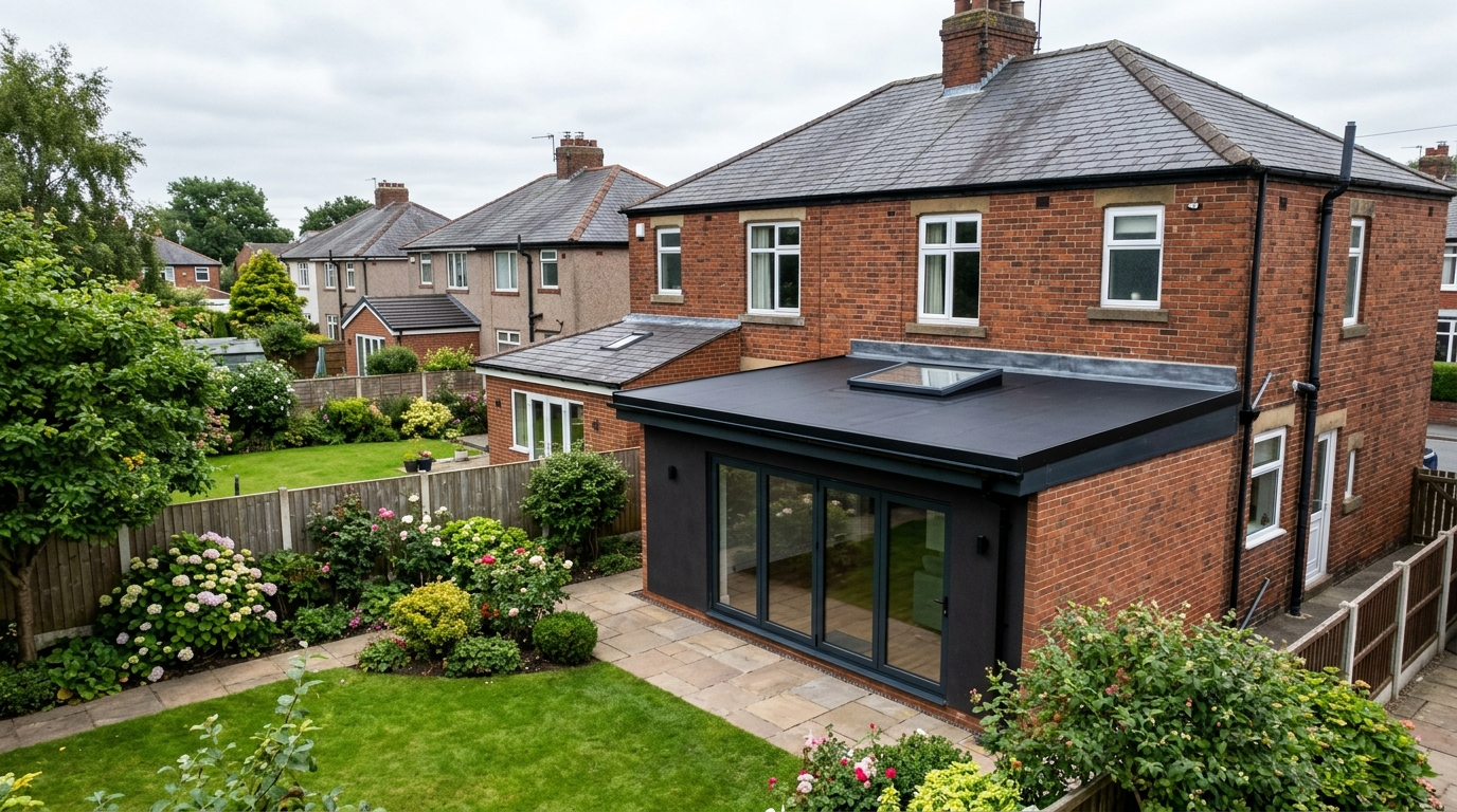 Torch-on felt flat roof on a Lancashire extension showing the layered membrane surface