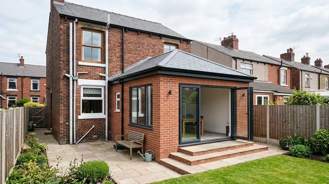 Modest single-storey rear kitchen extension built under permitted development rights on a Lancashire terrace