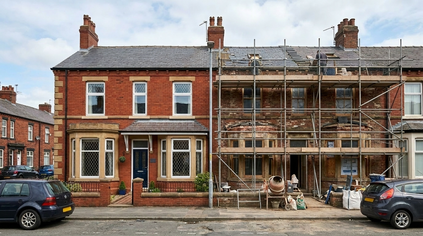 Roofer carrying out targeted slate repairs on a Victorian Lancashire property