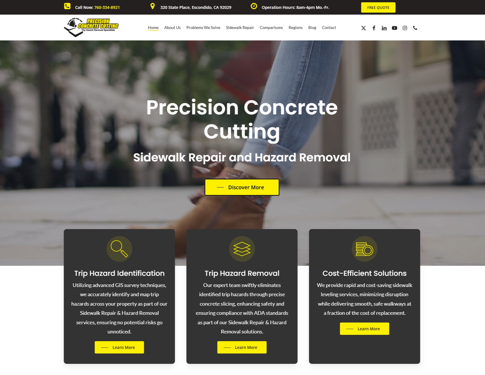 Precision Concrete Cutting sidewalk repair website designed by OrangeSky Websites