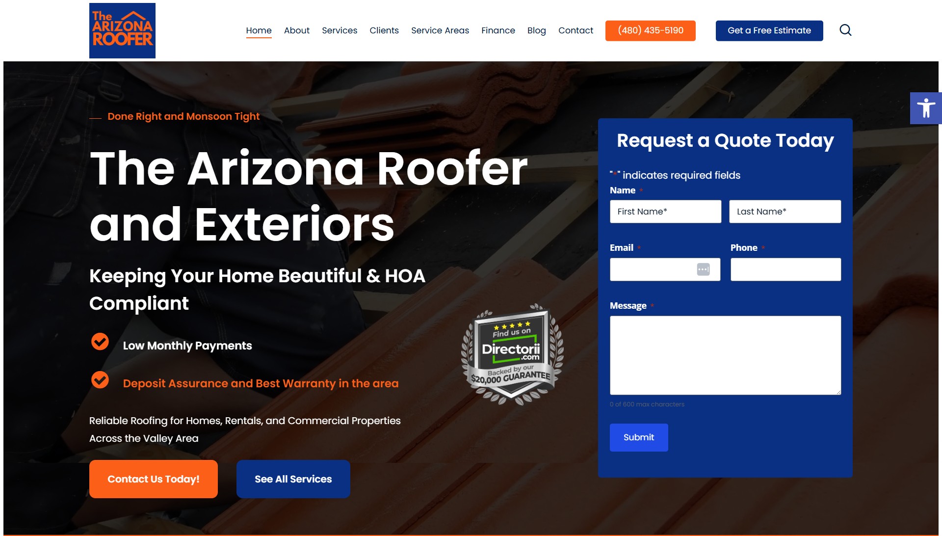 The Arizona Roofer and Exteriors roofing website designed by OrangeSky Websites