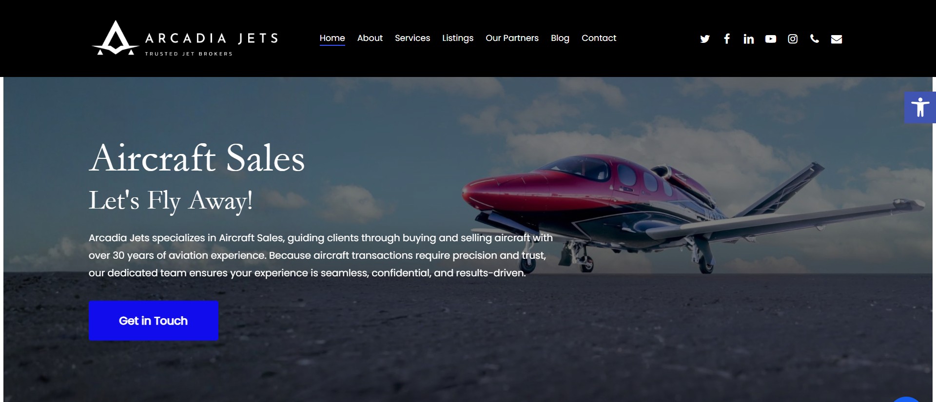 Arcadia Jets aircraft brokerage website designed by OrangeSky Websites
