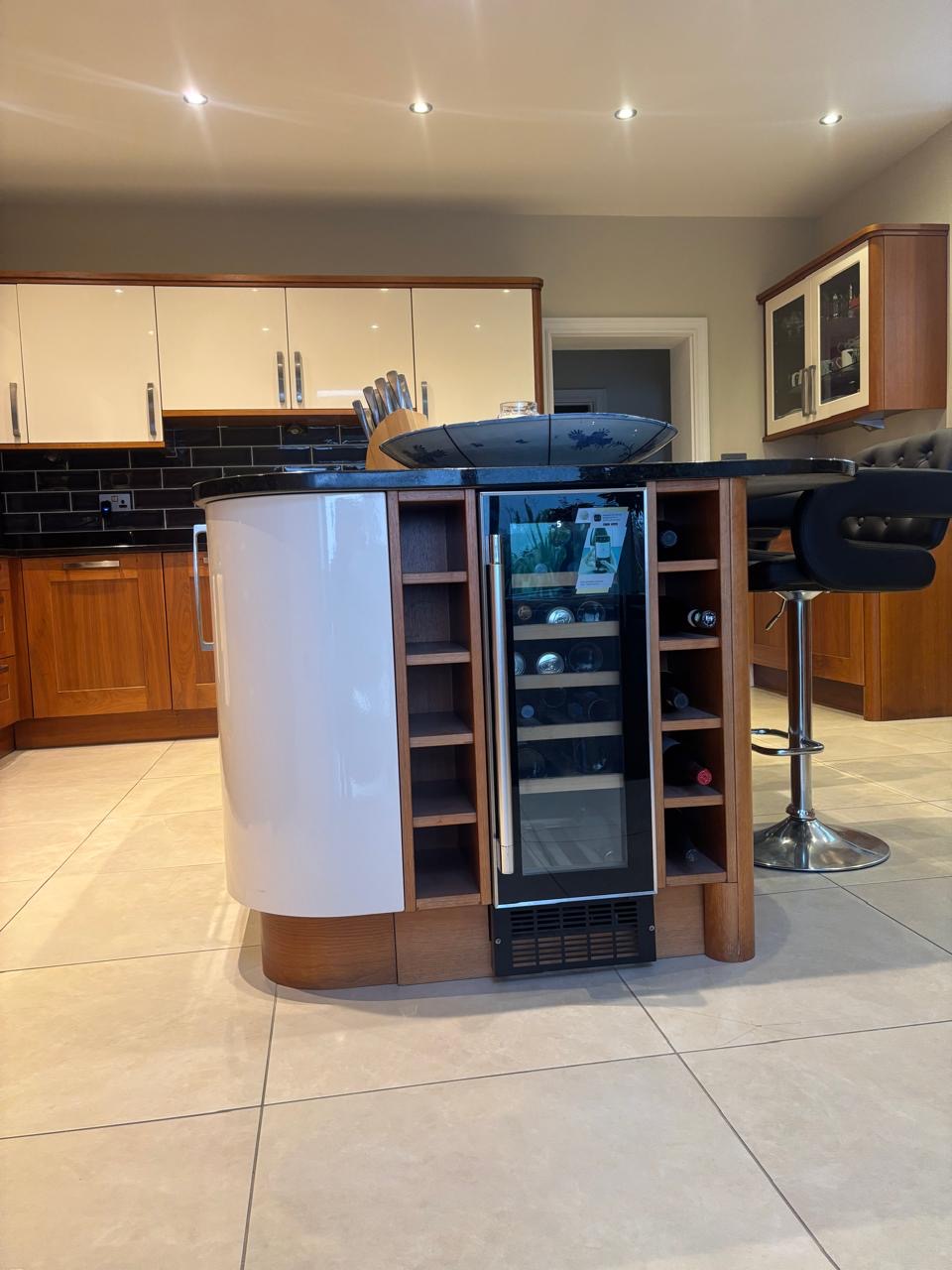White and charcoal kitchen before navy island respraying in Jersey