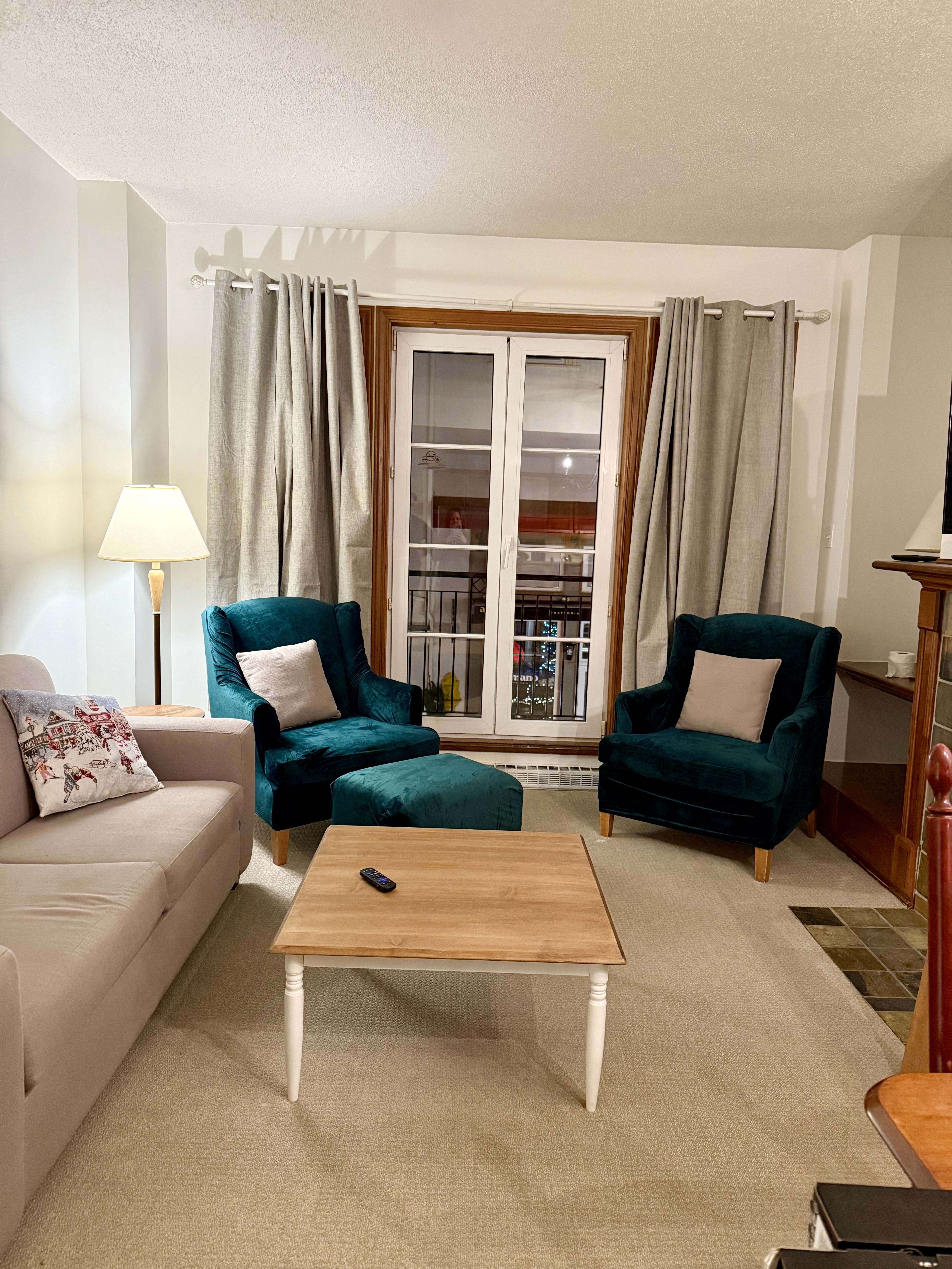 Forest and Fog living room — Unit 366, 2-bedroom vacation rental at Mont-Tremblant ski village