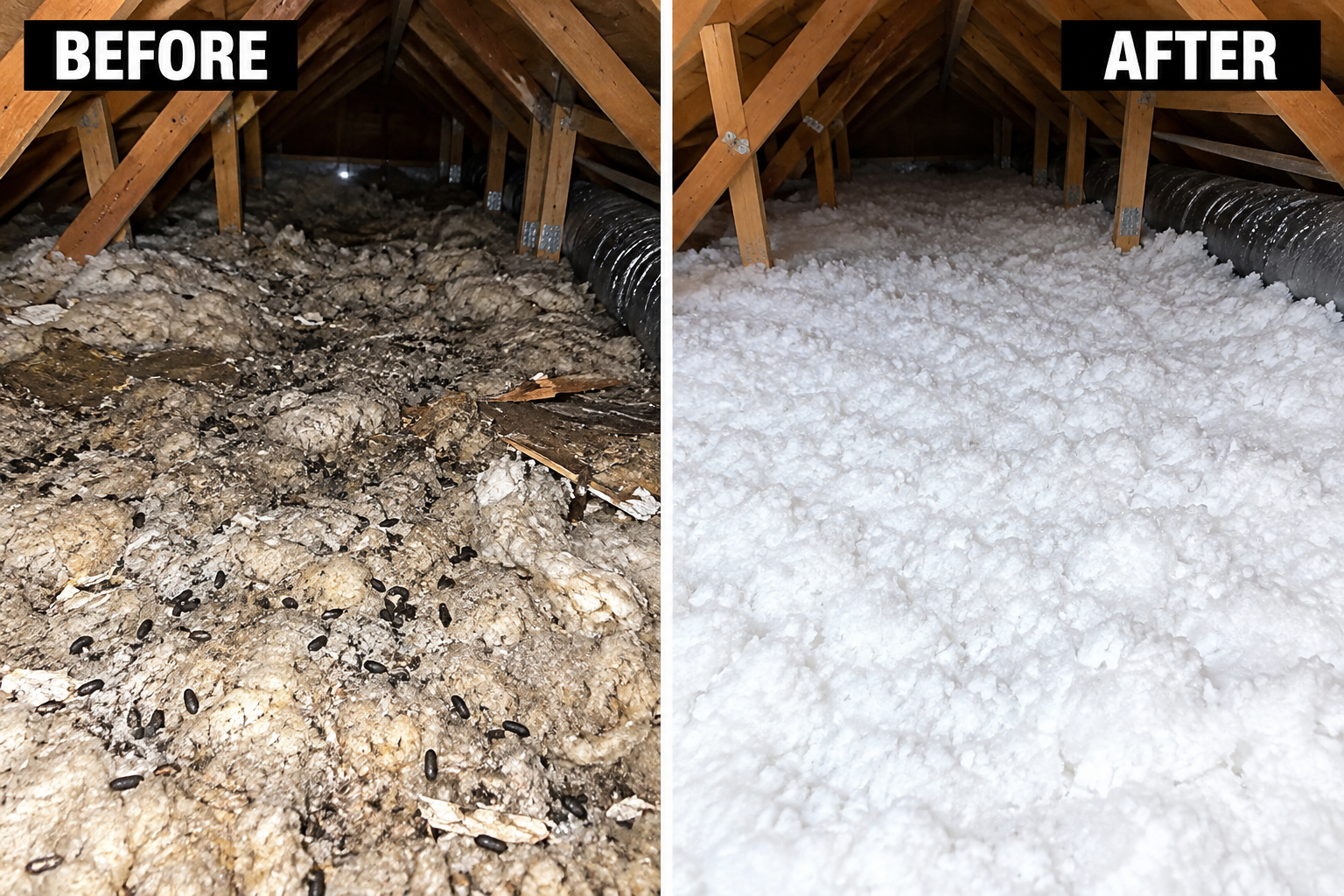 Clean restored attic with fresh blown-in insulation after wildlife removal