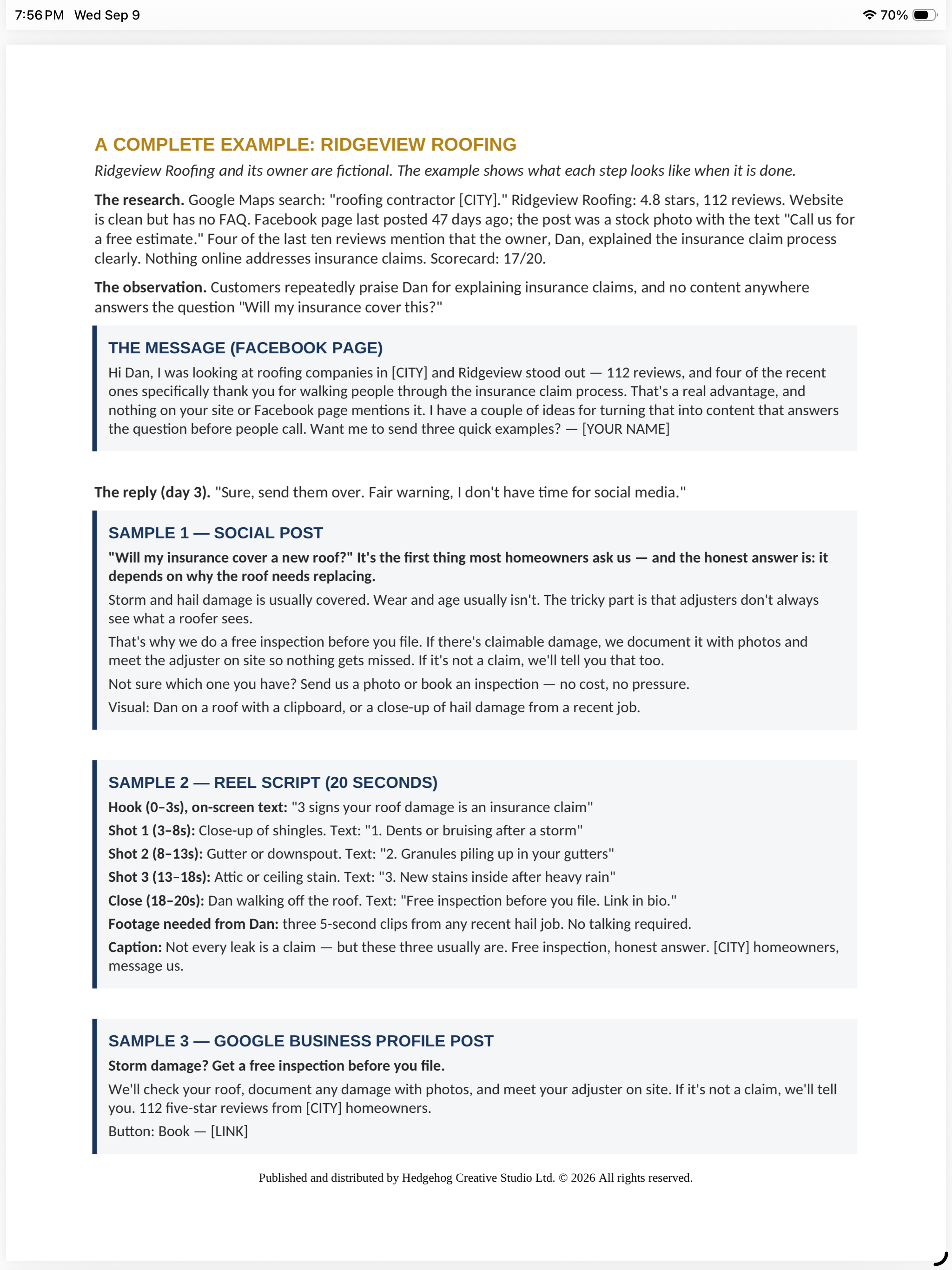 Sample page preview from The One-Client Method showing the Ridgeview worked example