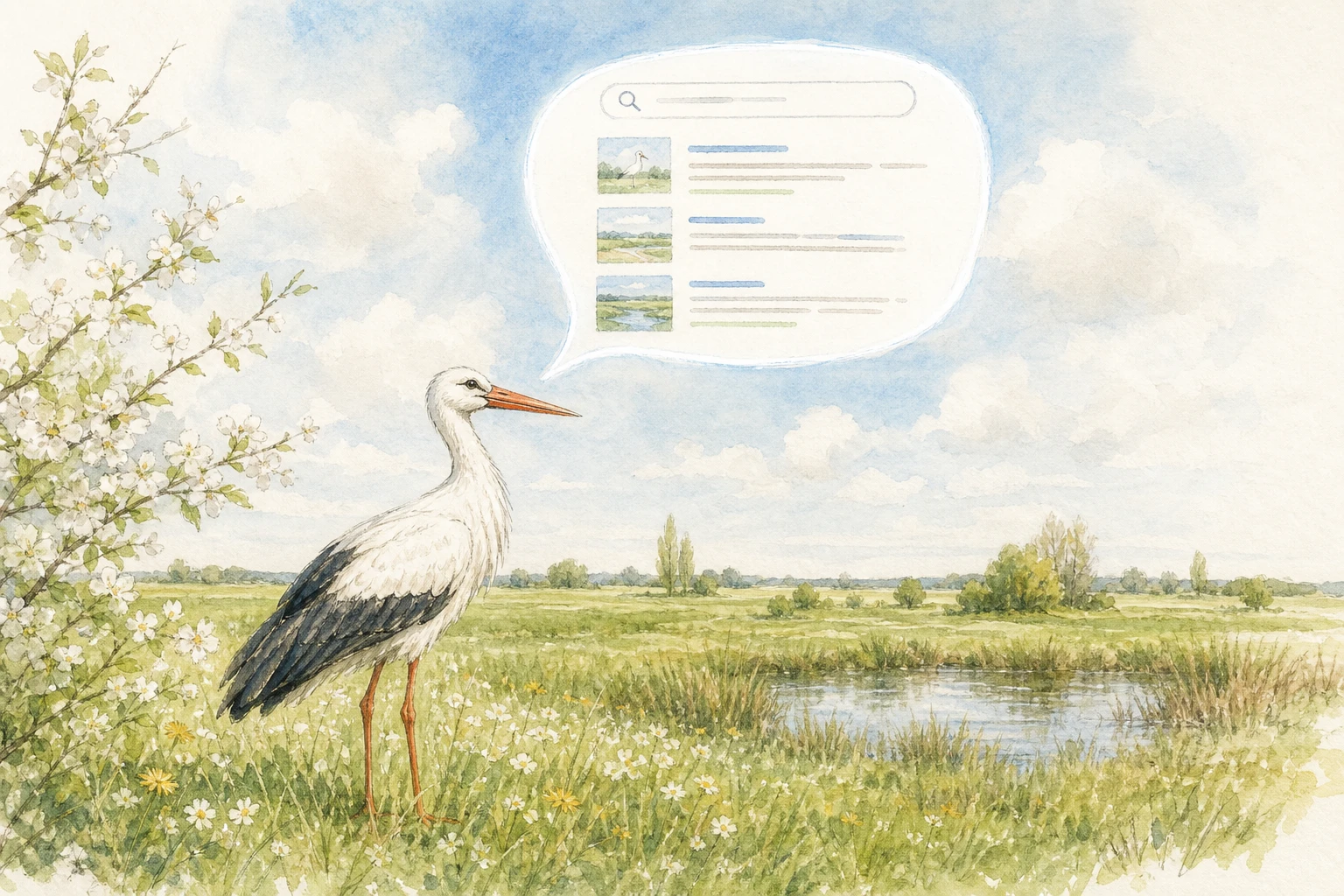 Storch mit digitaler Such-Sprechblase in MV-Wiesenlandschaft