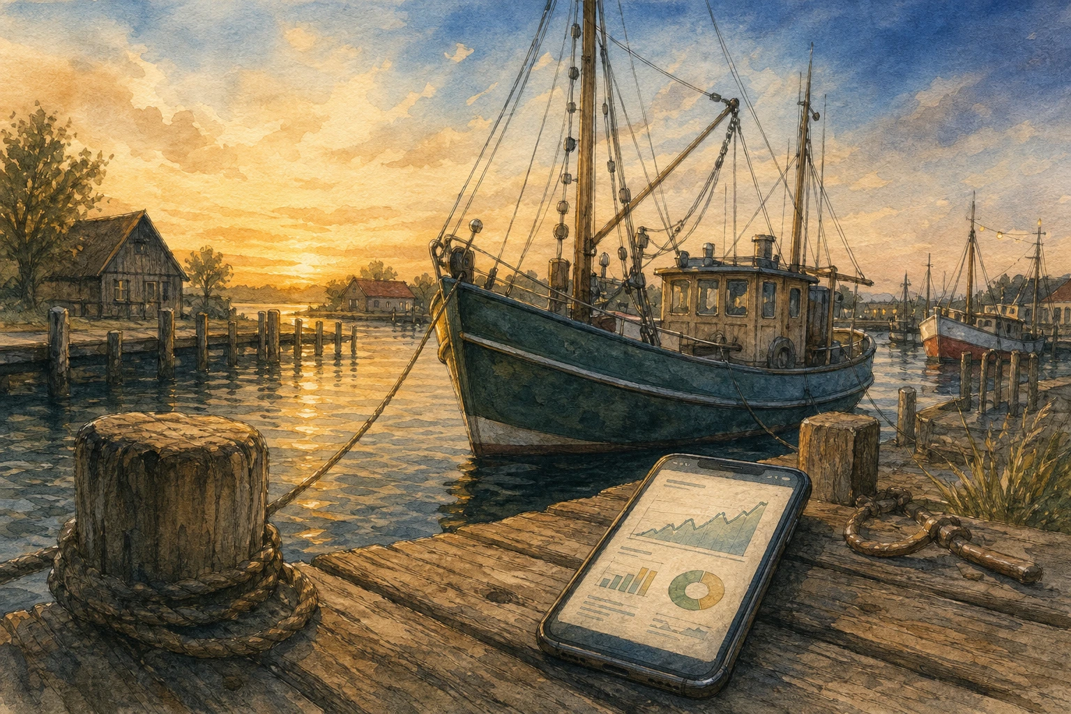 Fischkutter-Hafen mit digitalem Analyse-Dashboard