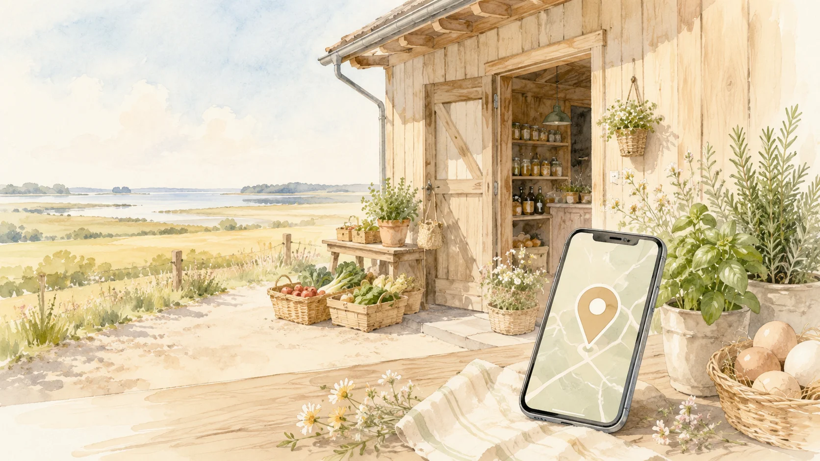 Smartphone mit Google-Maps-Ansicht eines gut sichtbaren Hofladens in ländlicher Umgebung