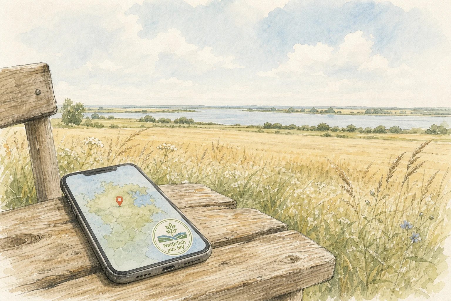 Aquarell-Illustration: Laptop, Kaffeetasse und Getreidehalme vor weiten Feldern und Bodden - Editorial-Stil