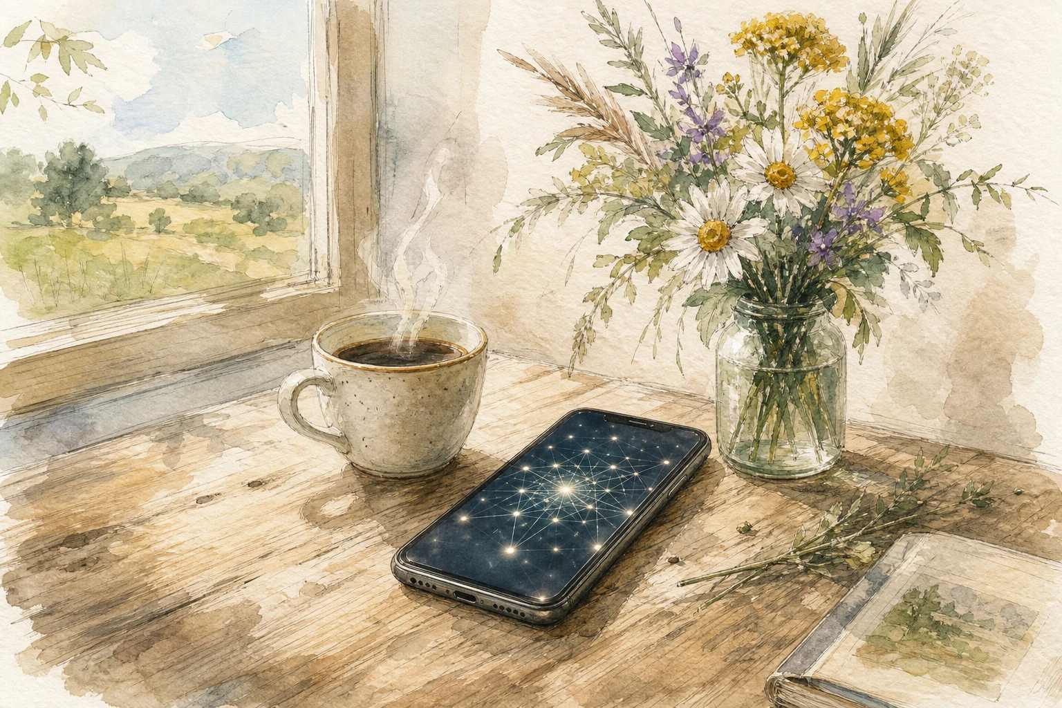 Smartphone mit KI-Netzwerk und Kaffeetasse