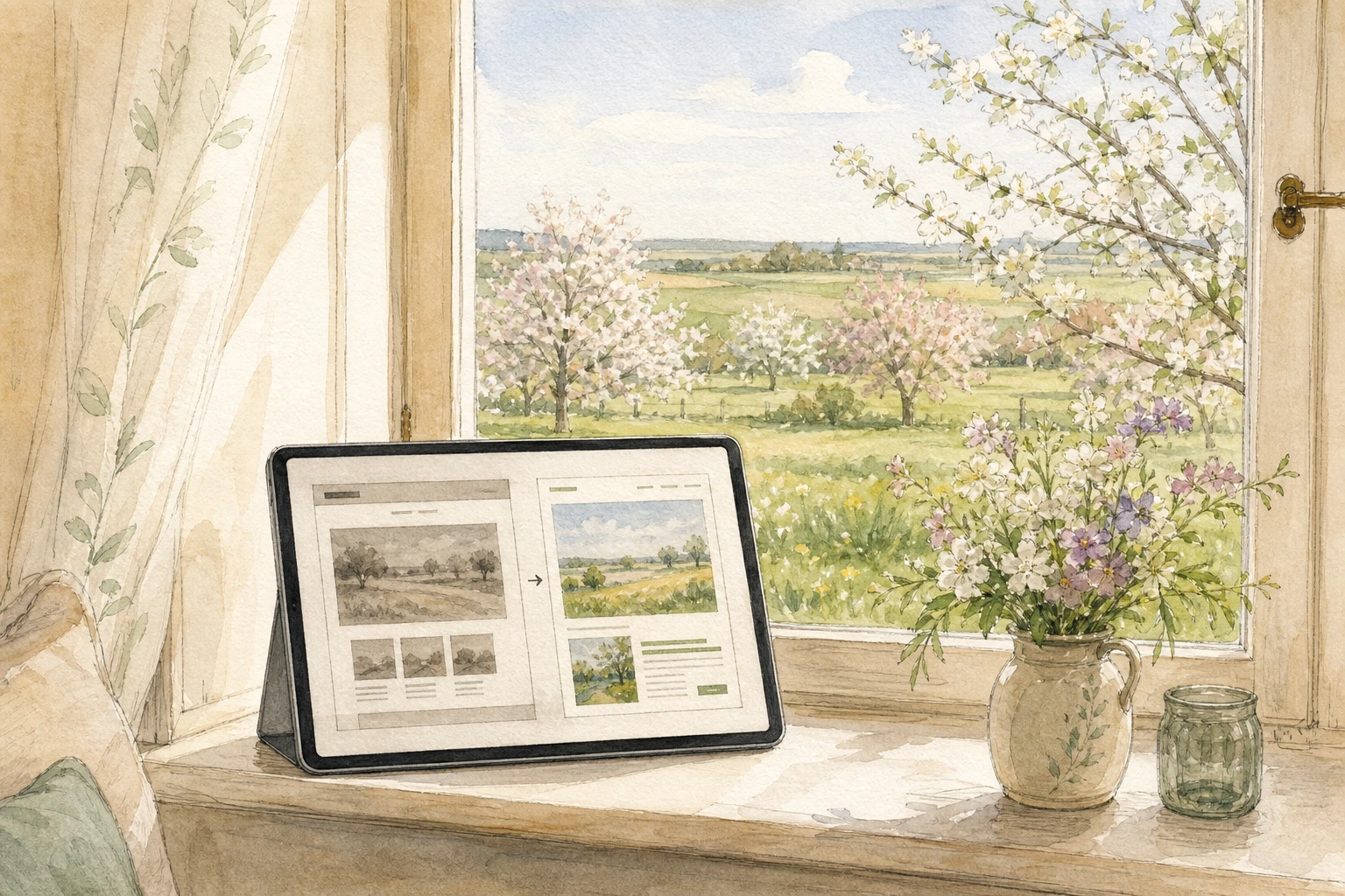 Gemütliches Fenster mit Tablet und Website-Vergleich