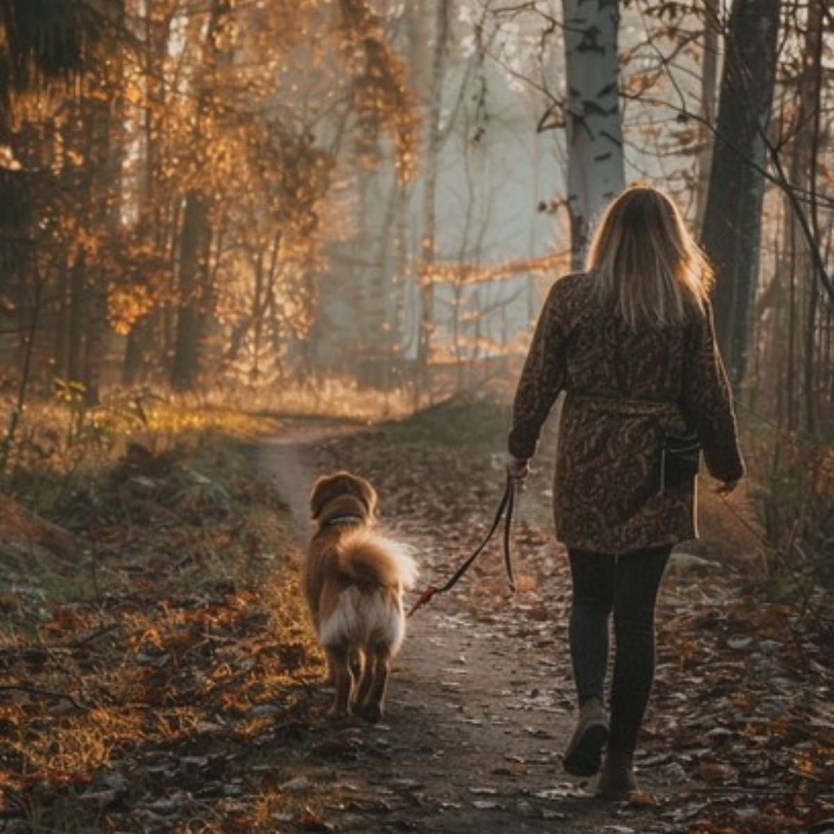 Woman walking her dog along a sunlit forest trail