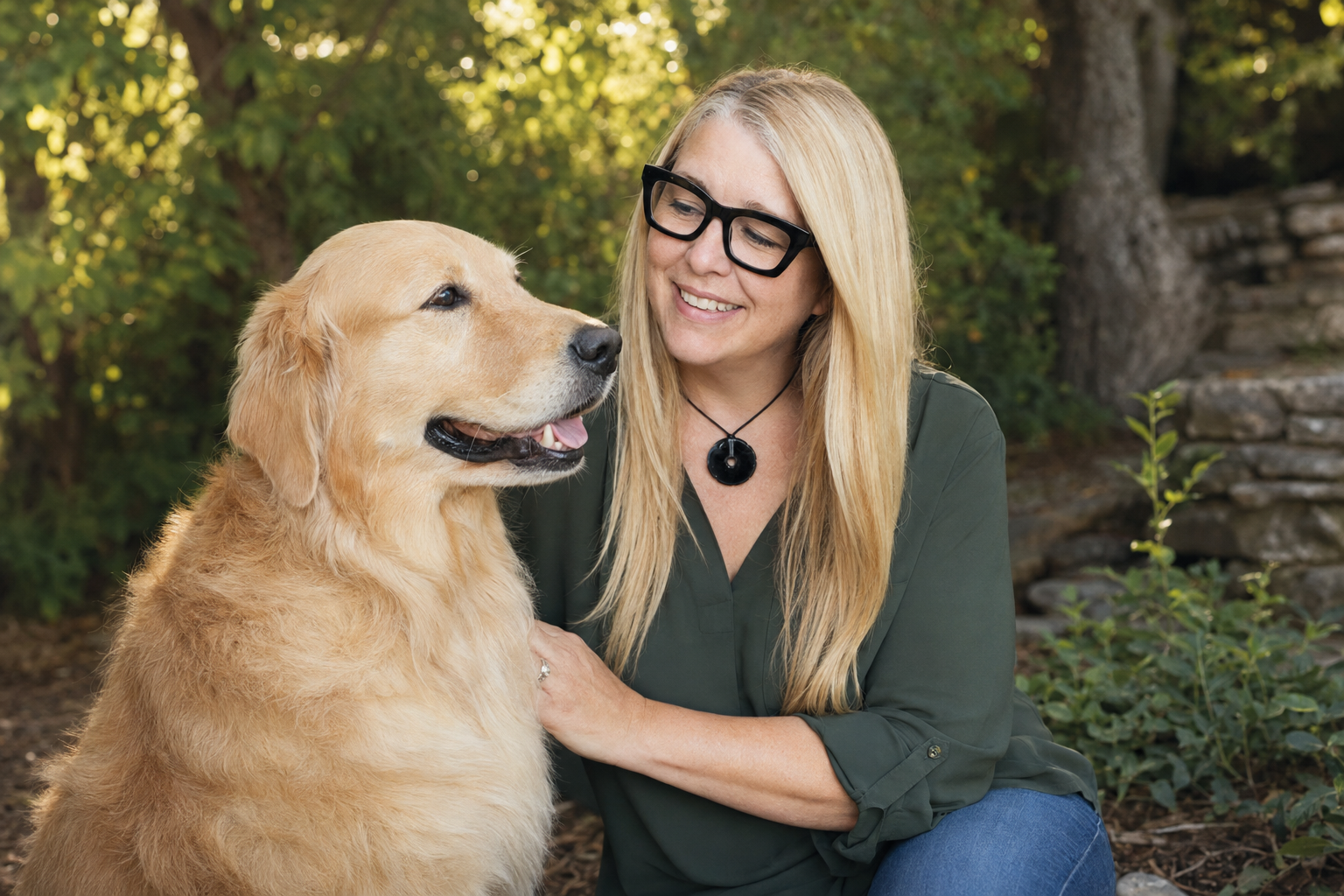 Raven Noel Animal Communicator with a golden retriever 