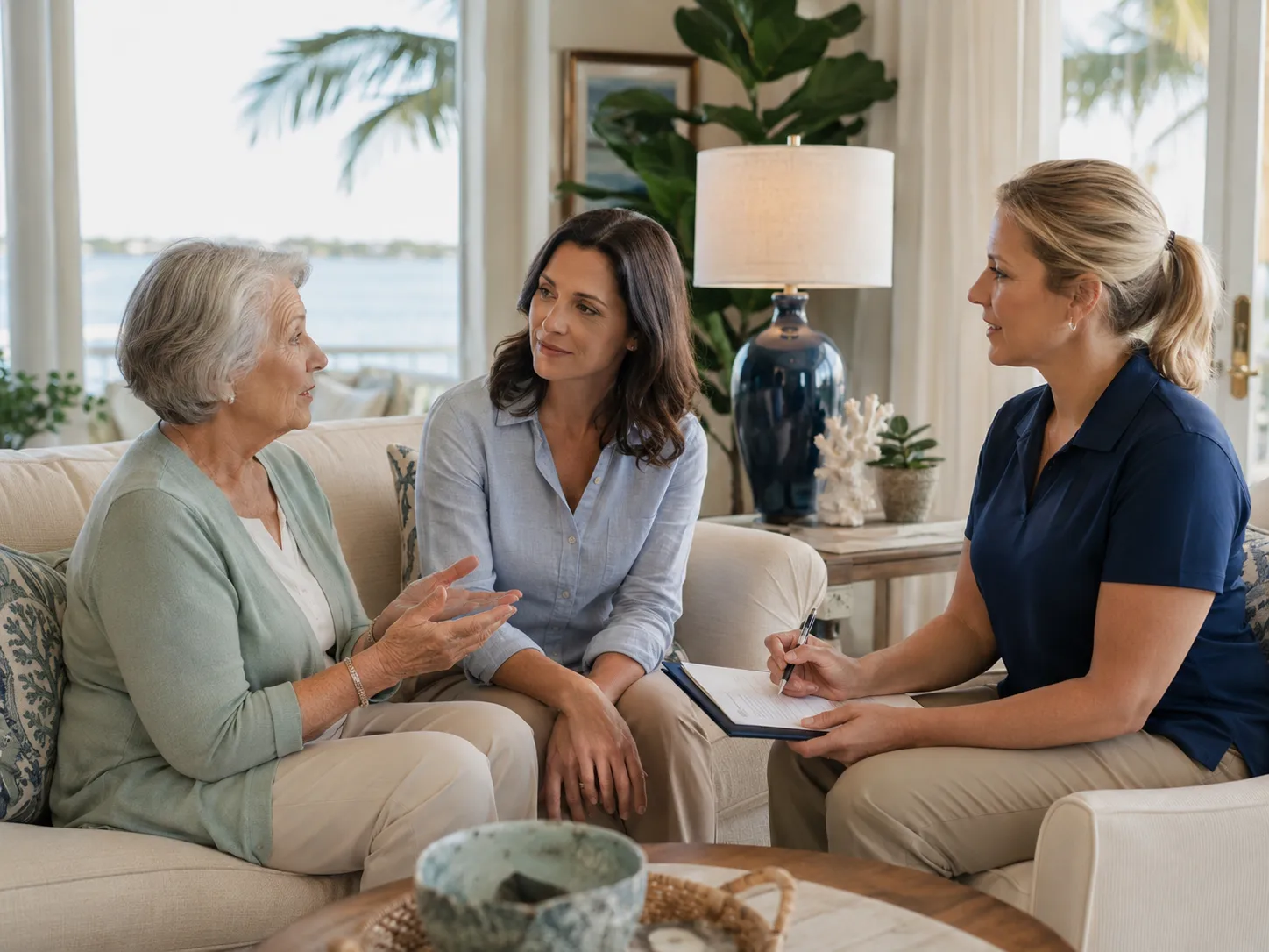 Family speaking with a caregiver about an older loved one's care